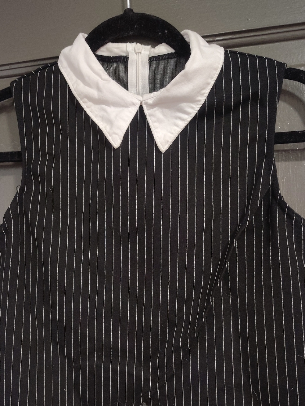 Black Pinstripe Dress with White Pointed Collar